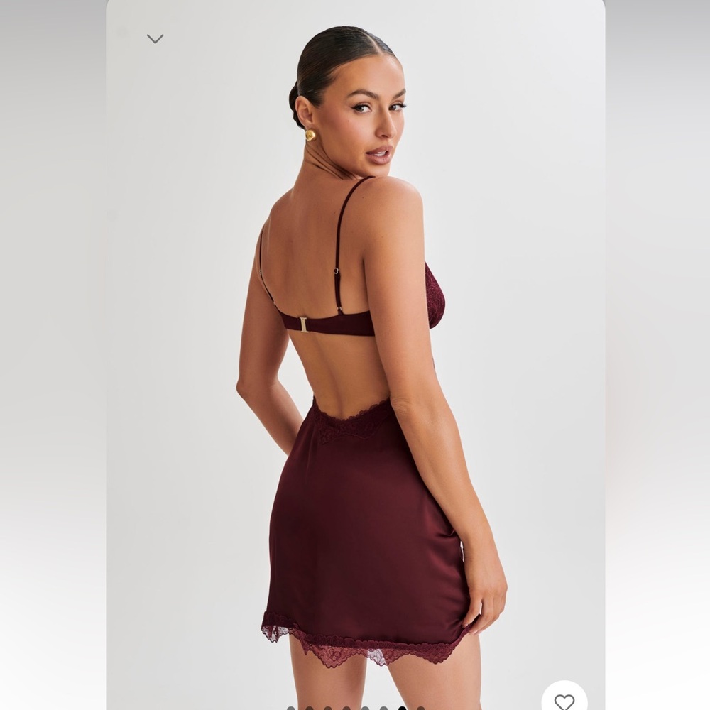 NWT! MESHKI Alondra Satin Mini Dress with Lace - Plum